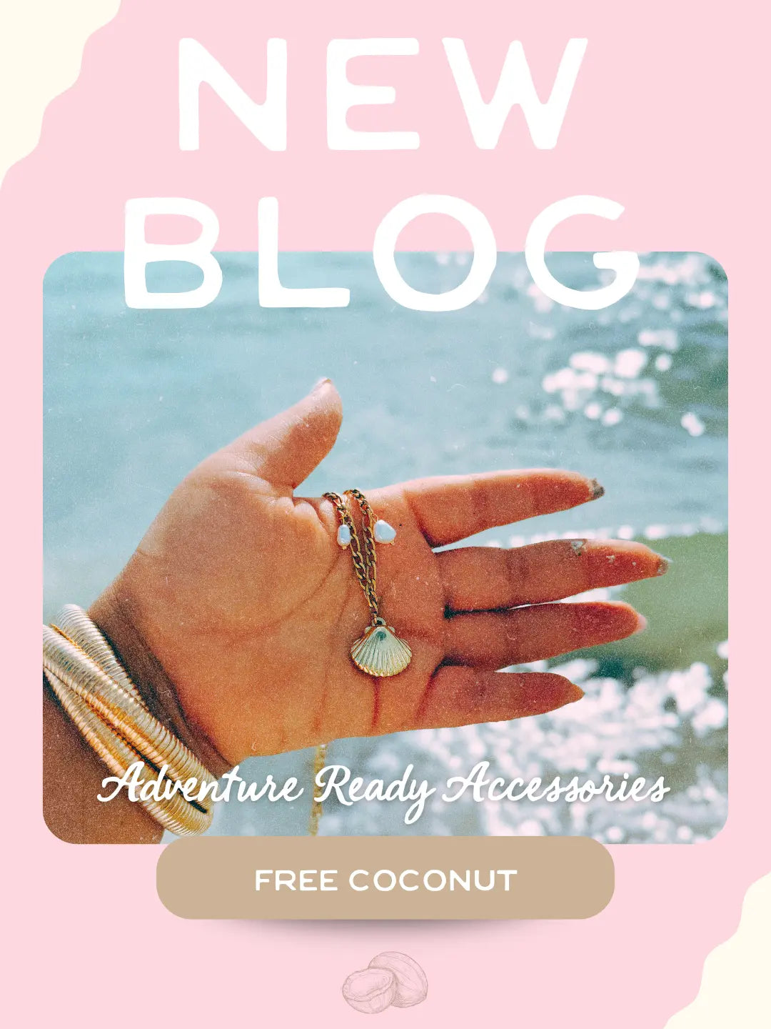 Hand wearing gold bangles and delicate rings held against sparkling ocean water, representing Free Coconut’s hypoallergenic, tarnish-free jewelry